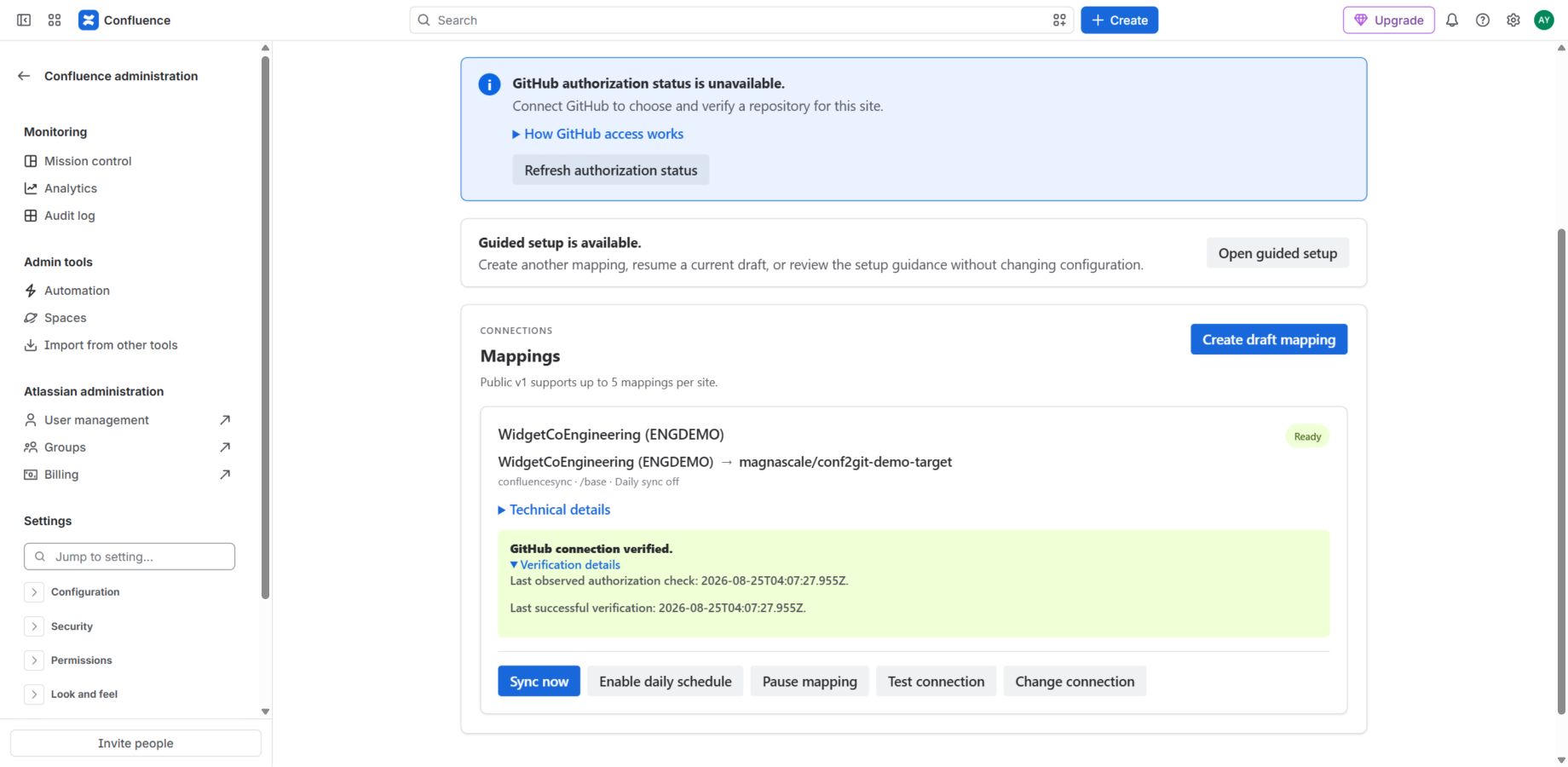 Conf2Git Marketplace example showing a Confluence space mapped to a GitHub repository, a Ready status, and the Sync now control.